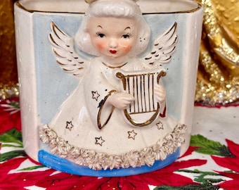 Napco Christmas Angel Planter Mid Century Japan Spaghetti Trim