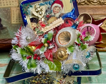 Victorian Christmas Tin Arrangement Vintage Ornaments Angel Brooch