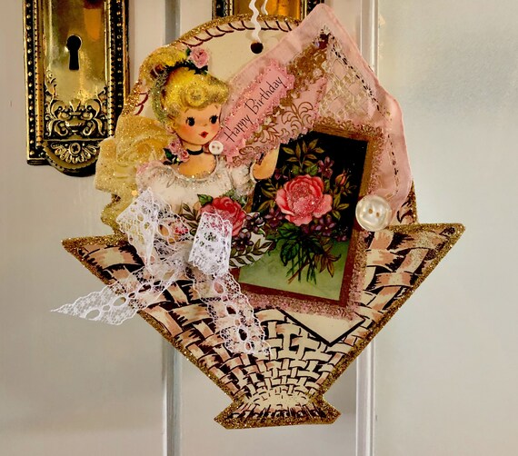 Vintage Birthday Card Decoration Basket Ornament Wall Hanging Etsy