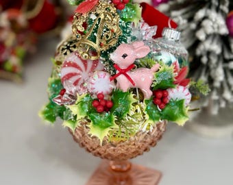 Christmas Vintage Pink Depression Glass Bottle Brush Tree Ornaments Centerpiece Decoration Brooch