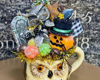 Vintage Halloween Decoration Owl Jack-o-lantern Pumpkin  Mug cup Bottle Brush Tree