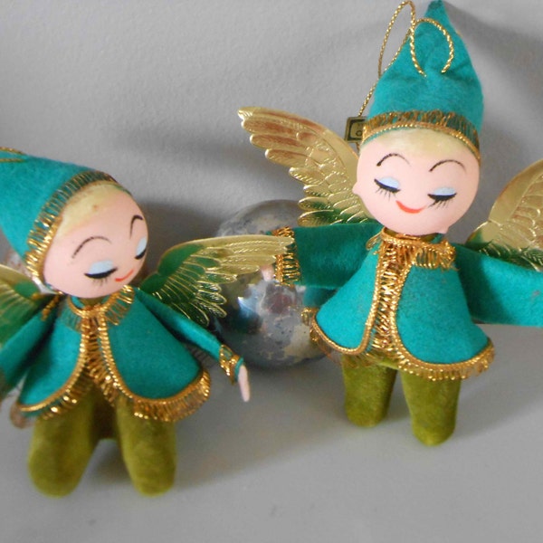 Vintage Angel Elf Christmas Napco Ornament Pair Retro Mod