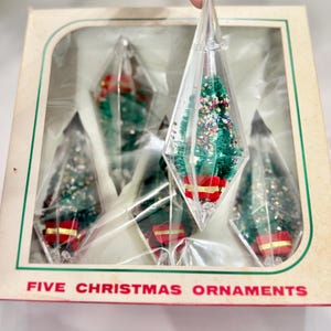 Diorama Christmas Diamond Prism Bottle Brush Tree Ornament Vintage Jewelbrite Original Box set of 5