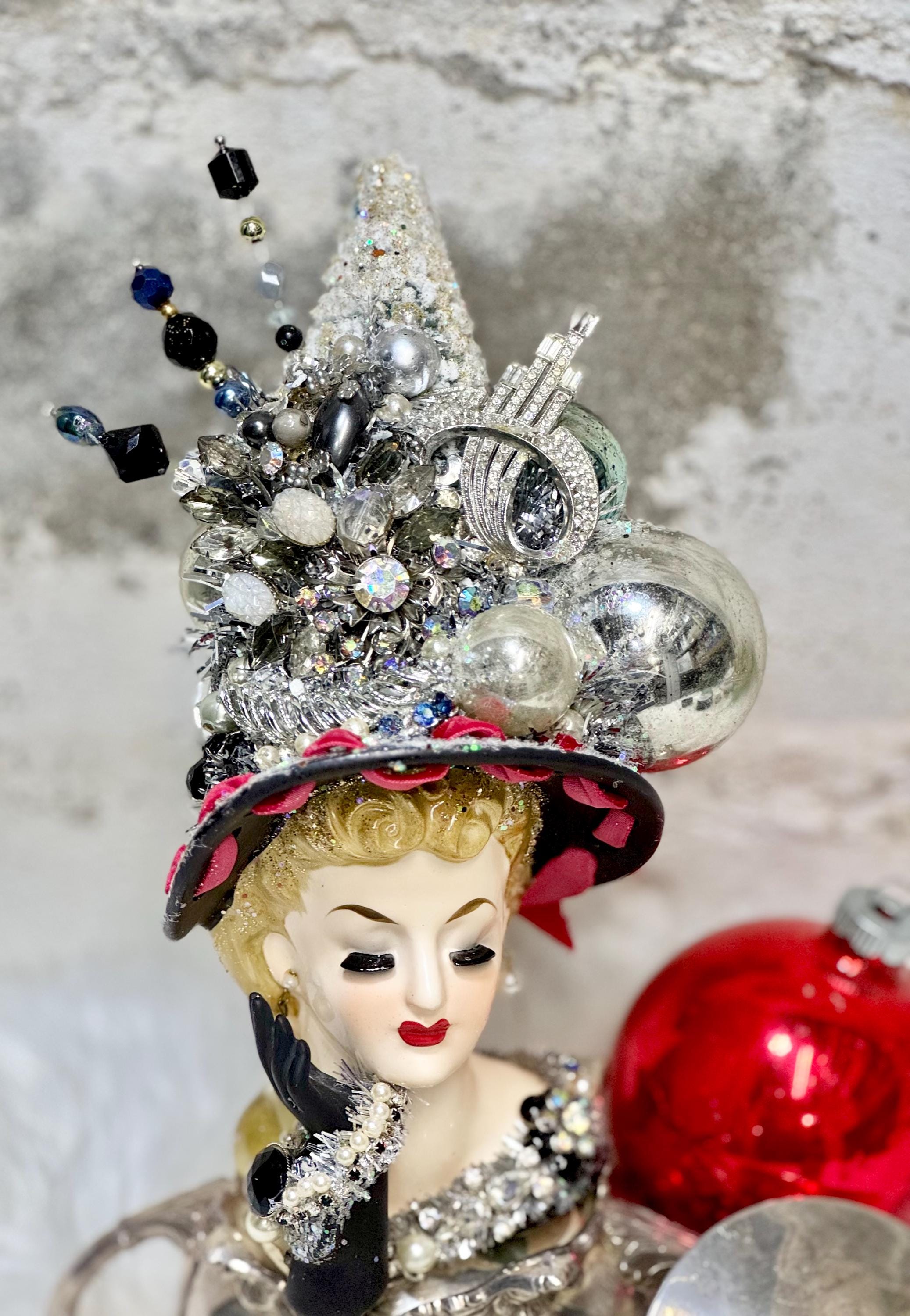 Christmas Vintage Head Vase Planter Shiny Brite Rhinestone Jewelry