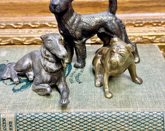 Cast Metal Brass Dog Collection of 3 Huntley Terrier Bulldog Borzoi Wolfhound
