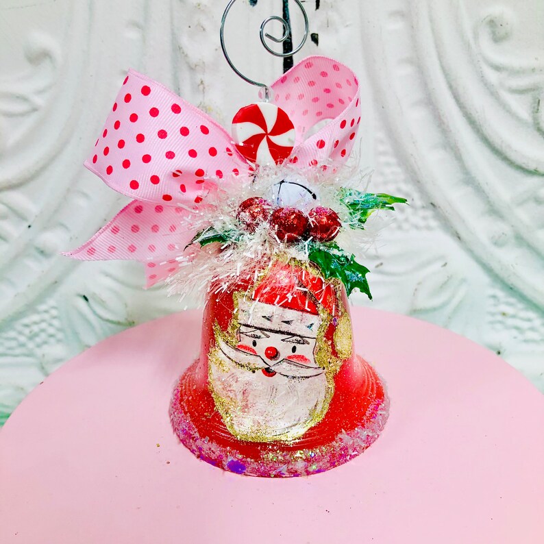 Christmas Ornament Vintage Red Bell Santa Etsy
