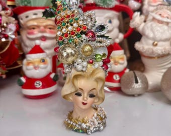 Christmas Vintage Head Vase Napcoware Planter Shiny Brite Rhinestone Jewelry Bottle Brush Tree