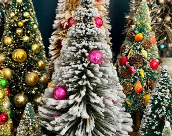St. Nick Christmas Tree Snowy Flocked Pink Ornaments Vintage Mid Century Japan Bottle Brush