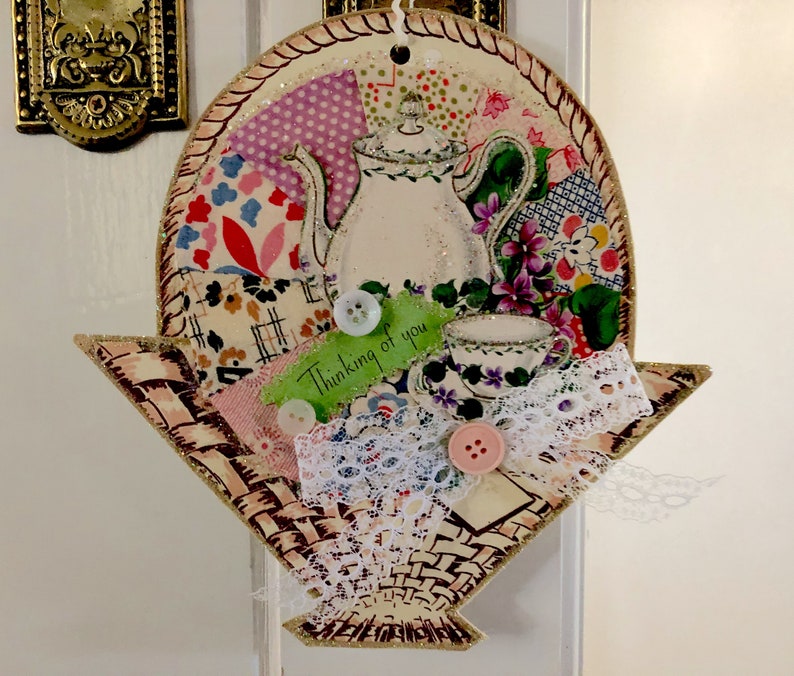 Handmade Greeting Card Decoration Vintage Feedsack Fabric Patchwork Dresden Plate