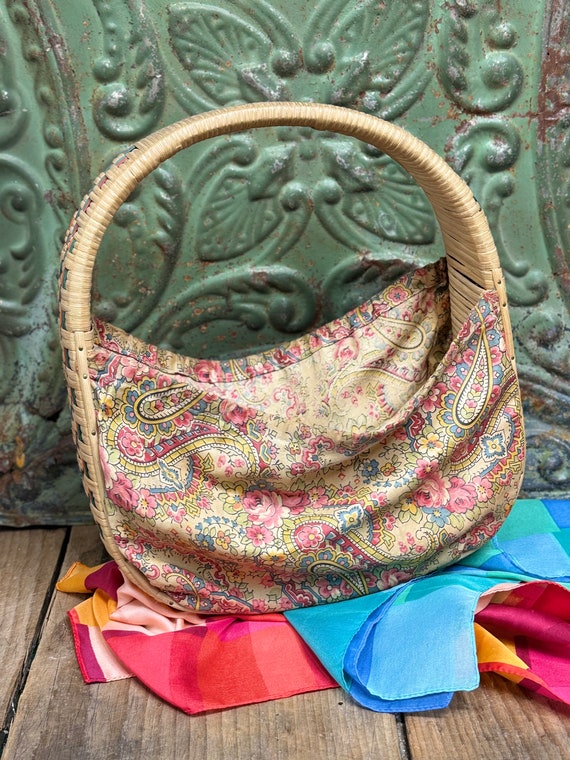Vintage Wicker Purse Fabric 1940s Woven Basket To… - image 1