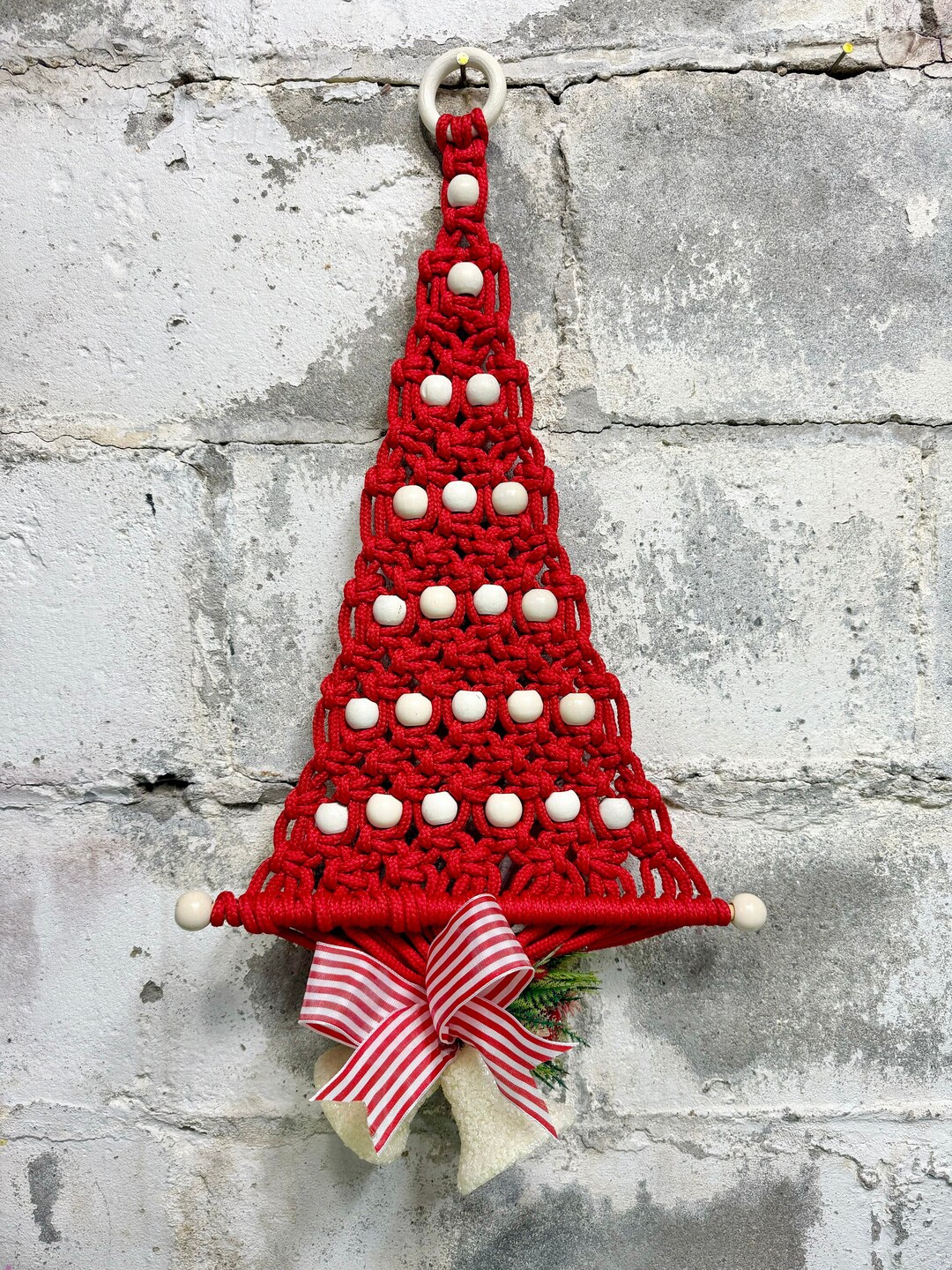 Vintage Macrame Christmas Tree Sugared Bells Red White ‘70s Retro ...
