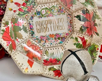 Christmas Card Basket Box Vintage 1960s  Mid-century Retro Crocheted Grannycore Decor Decoration Kitschy