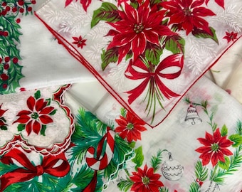 Vintage Christmas Handkerchief Lot is 7 Candy Cane Shiny Brite Ornaments  Poinsettias