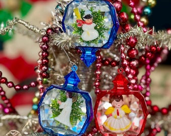 Christmas Ornament Diorama Angel Snowman  Vintage Mid Century Bradford Jewelbrite  lot of 3