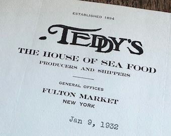 1932 Teddy's House of Sea Food NYC letterhead to Willard State Hospital ephemera