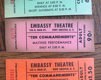 1956 Movie Tickets The Ten Commandments Embassy Theatre Port Chester New York