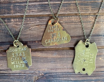 Vintage Dog Tag Stamped Brass Necklace (Pick one)