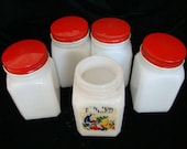Five Milk Glass Spice Jars by Anchor Hocking - Anchor Hocking Spice Jars - Vintage Spice Jars - Milk Glass Spice Jars - Retro Spice Jars