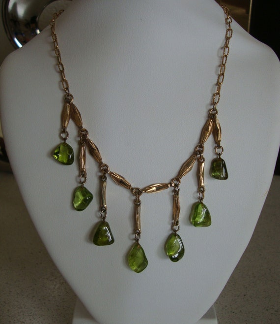 Peridot Dangle Gold Necklace - Peridot Bib Necklac