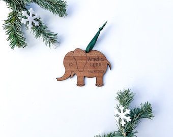Personalized Baby's First Christmas Ornament: Engraved Wooden Elephant