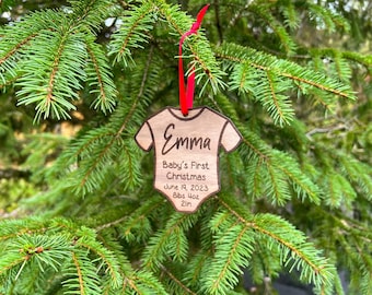 Personalized Baby's First Christmas Ornament: Engraved Wooden Onesie