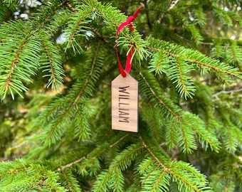 Engraved Wooden Gift Tag: Custom Stocking Name Ornament