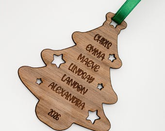 Engraved Name Family Tree Ornament, Custom Wooden Names