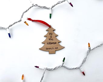 Engraved Wooden Christmas Tree Ornament: Newlywed Gift