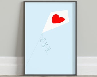 Love in the Sky | Red White Blue Kite Heart Art Printable, Home Wall Decor Print, Hand Drawn Digital, Illustration | Minimalist Poster