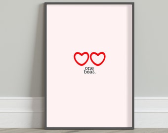 Two Hearts One Beat, Home Wall Decor | Red Pink Aesthetic | Printable Hand Drawn Digital Illustration Artwork, Minimalist Line Art Poster
