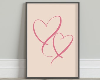 Calligraphy Hearts, Pink Aesthetic, Love Heart Printable, Home Wall Decor, Hand Drawn Illustration, Minimalist Poster, Digital Print Art