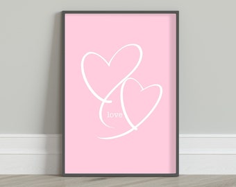 Love Hearts Art Print, Pink Aesthetic, Calligraphy Printable, Home Wall Decor, Hand Drawn Digital Illustration, Minimalist Poster Artwork