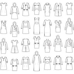 Può includere: Un set di 24 disegni in bianco e nero di diversi modelli di abiti. Tutti gli abiti sono senza maniche e hanno una varietà di scollature, maniche e lunghezze della gonna.