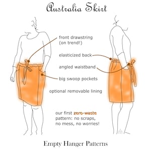 Puede incluir: Ilustración de dibujo de línea de un patrón de falda con una cintura en ángulo, grandes bolsillos redondeados y un cordón en la parte delantera. El texto "Australia Skirt" está en la parte superior de la imagen. El texto "our first zero-waste pattern: no scraps, no mess, no worries!" está en la parte inferior de la imagen. El texto "Empty Hanger Patterns" está en la parte inferior de la imagen.