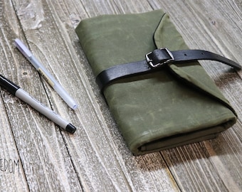 Waxed Canvas Tool Roll, Artist Roll, Knitting case, Roll Up Pencil Case, Gift for Him, Artist Gift, Artist pouch