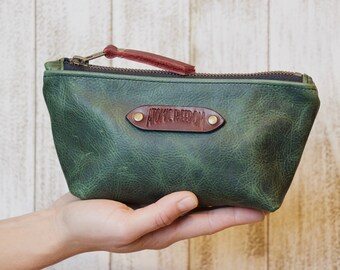 Bolsa de cuero verde, bolsa de cremallera de cuero, cartera con monedero de moneda con cremallera, embrague de cuero, bolsa de cremallera de cuero, bolsa de viaje de cuero, estuche de lápiz