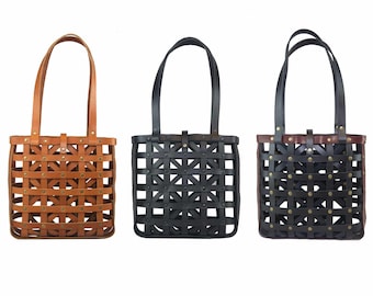 Cuero Weave Tote, Cuero Bolso tejido, Cuero y lona Tote Bag, Cuero Jaula Tote Bag