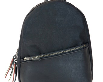 Waxed Canvas Backpack, Backpack Purse, Canvas & Leather Black Backpack, Leather rucksack, City backpack, Handmade bag