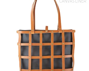 Tote de cuero w/ ZIPPER, bolso de cuero, bolso de cuero hecho a mano, forro de lona extraíble, bolso de hombro, bolso de cuero jaula, bolsa de cuero jaula