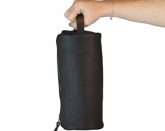 Bolsa de artículos de tocador de cuero, bolsa de viaje de cuero, bolsa de artículos de tocador de barril de cuero