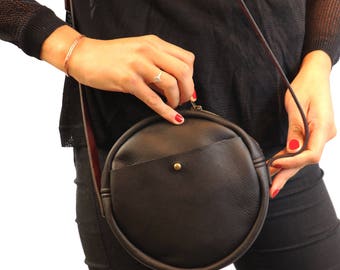 Round Black Leather Bag, Crossbody Bag, Round Bag, Leather circle bag, Leather crossbody bag, leather bag,Circle Crossbody Bag, Gift for Her