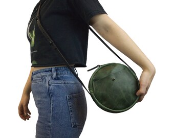 Round Green Leather Bag, Crossbody Bag, Round Bag, Leather circle bag, Leather crossbody bag, leather bag,Circle Crossbody Bag, Gift for Her