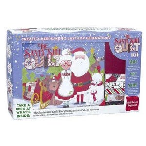 May include: A rectangular box for The Santa Suit Quilt Kit featuring a storybook and 90 fabric squares to make a 38 in x 46 in quilt. The packaging displays illustrations of Santa, Mrs. Claus, a reindeer, and polar bears in a snowy setting.