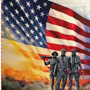 May include: A painting depicting three figures in military-style clothing standing before a large, waving American flag. The scene features a fiery, orange-toned landscape at the base, with the figures rendered in muted, monochromatic grey tones.