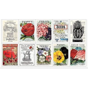 May include: A collage of vintage seed packet designs. The packets feature illustrations of flowers like poppies, phlox, and pansies, along with text such as "Household Sewing Seeds" and "The Scarlet Poppy Seed Sower". The color palette includes reds, pinks, yellows, and blues.