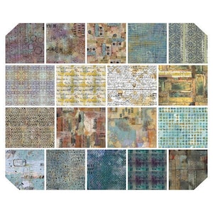 May include: A collection of nineteen square digital paper sheets featuring diverse textures and patterns. Designs include distressed grunge overlays, vintage script handwriting, geometric grids, abstract paint splatters, and ornate damask motifs in muted tones of blue, brown, yellow, and gray.