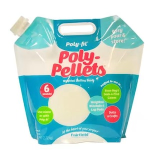 May include: A package of Poly-fil Poly-Pellets weighted stuffing beads. The bag is white and teal with the text "Poly-Pellets" in red. It contains 6 pounds of beads and is perfect for bean bags, lap pads, and dolls.