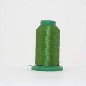May include: A spool of olive green sewing thread wound tightly around a cylindrical plastic core. The thread has a smooth, slightly reflective finish, and the spool features a flat base and a top cap in a matching shade of green.