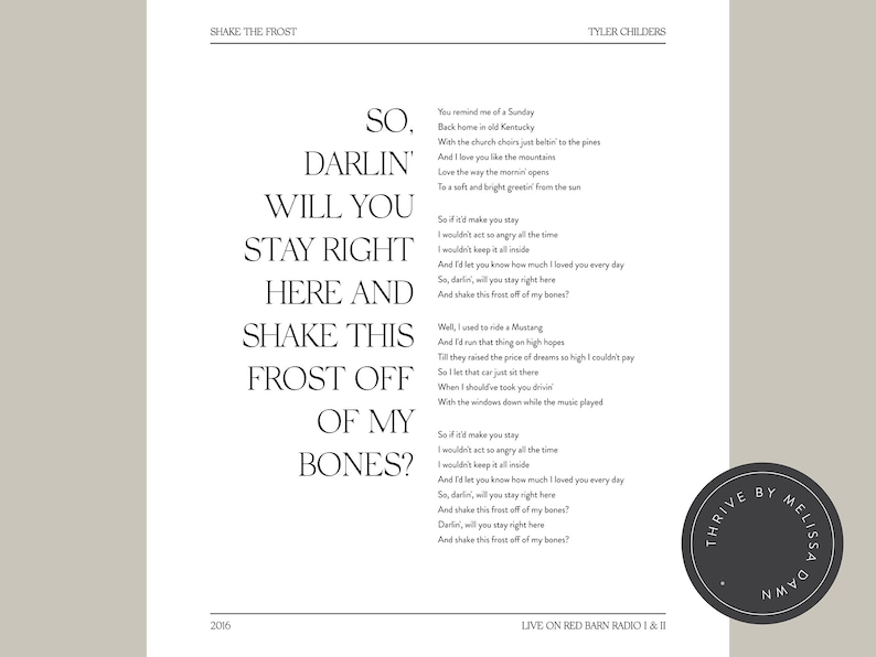 Shake the Frost Tyler Childers Printable Wall Art, Song Lyric Decor