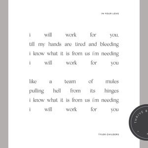 May include: A minimalist art print with the text of a poem in a simple font. The poem is about love and commitment. The print is in black and white with a circular logo in the bottom right corner.